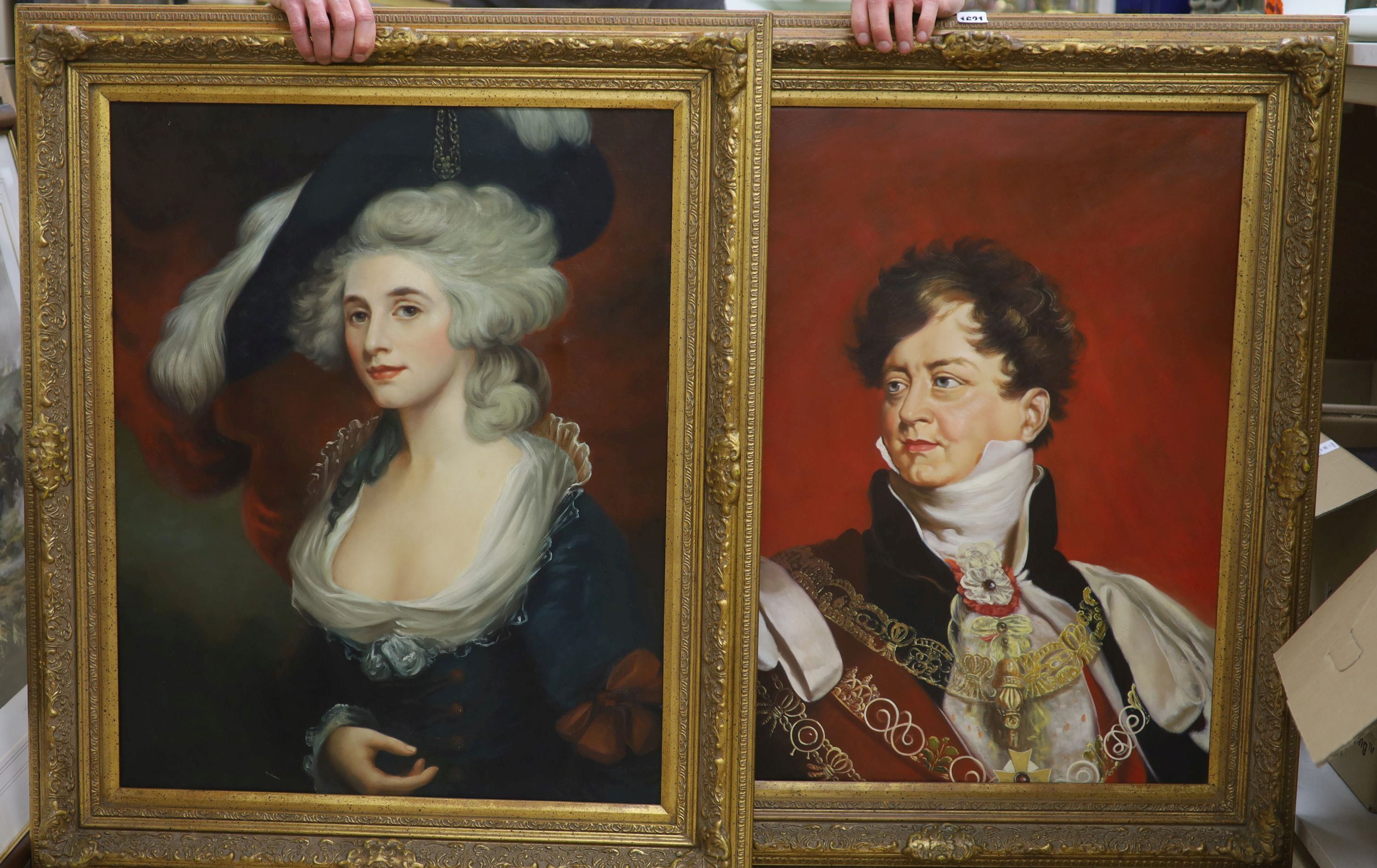 After Sir Thomas Lawrence, pair of oils on canvas, Portrait of George VI and Mary Robinson, 75 x 60cm
